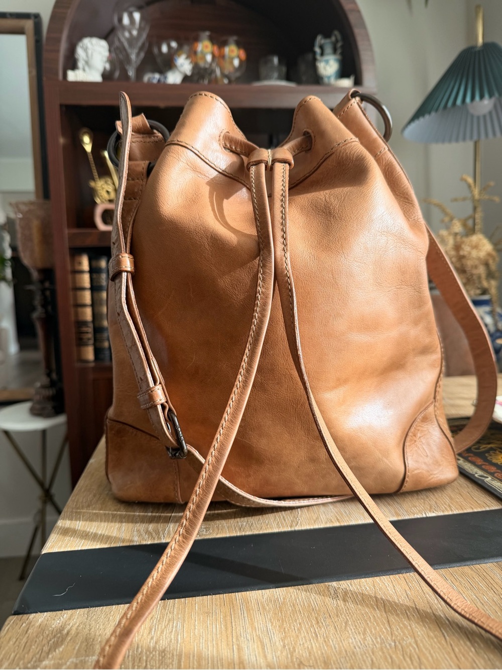 Frye Cognac Leather Drawstring Bucket Shoulder Bag
